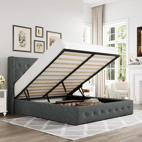Miniatura 21 de Allewie Cama de Almacenamiento Elevable Tamaño Completo, Cabecero Capitonado con Botones con Respaldo de Ala, Soporte Hidráulico, No Necesita Gris