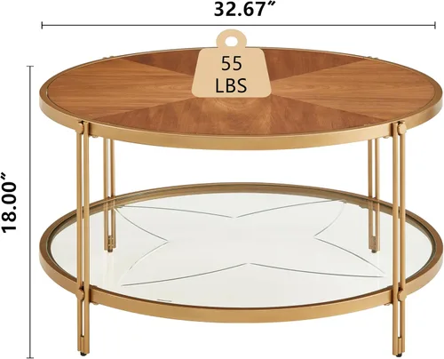 Miniatura 2 de Mesa de centro redonda de madera de 32 pulgadas con parte inferior de cristal, mesa de centro circular con parte superior de madera y marco