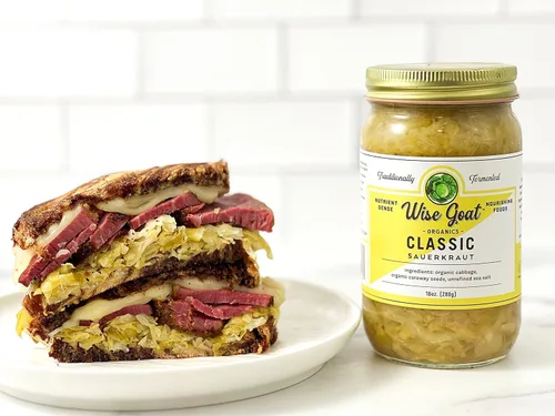 Miniatura 4 de Chucrut probiótico fermentado orgánico crudo, variedad "Clásica" [Vegano, Sin Gluten, Sin OGM, Probiótico] Tarro de vidrio de 16 oz por Wise Goat