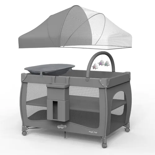 Pamo Babe Paquete 7 en 1 con moisés, cuna portátil con colchón, cambiador de pañales, Magic Fold™ de configuración rápida de un solo paso,