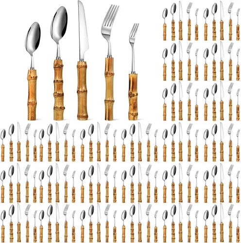 Miniatura 9 de Eboot Juego de cubiertos de bambú 18/8 de acero inoxidable, juego de vajilla natural, juego de utensilios de cocina, cubiertos con mango de bambú