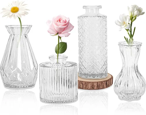 Juego de 4 jarrones de cristal para brotes, pequeños jarrones de flores transparentes vintage como centros de mesa para mesa a granel, lindos mini