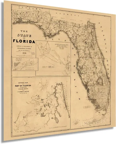 Historix Póster vintage de mapa de Florida 1846, arte de pared de mapa vintage de 24 x 24 pulgadas, mapa de pared del estado de Florida, mapa de los