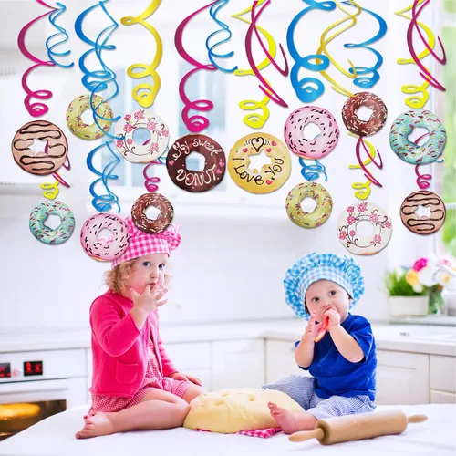 Miniatura 5 de 30 piezas de donas colgantes de remolino, bonita decoración de fiesta de donas, serpentinas colgantes de techo para fiesta de cumpleaños, fiesta