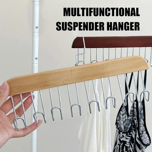 Miniatura 4 de 4 soportes de madera para cinturones, colgador multifuncional para cinturón de madera con 8 ganchos de metal, organizador de perchas de madera