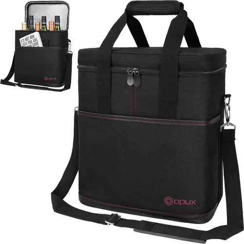 Miniatura 15 de Opux Bolsa térmica de vino con aislamiento para 4 botellas, a prueba de fugas, portátil, para viajes, picnic, regalo BYOB (negro)