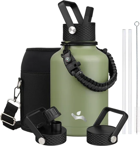 Miniatura 90 de Konokyo - Botella de agua aislada de 18 onzas, botellas deportivas de acero inoxidable con 3 tapas, verde militar