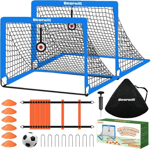 Miniatura 13 de Bearwill Portería de fútbol, porterías de fútbol para niños para patio trasero, juego de 2, portería de fútbol portátil emergente de 4x3 pies