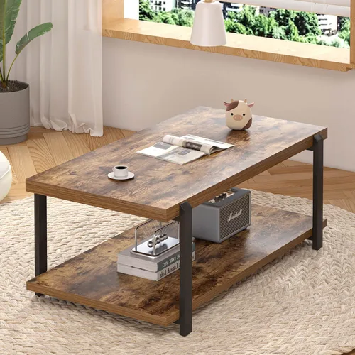 Miniatura 7 de FOLUBAN Mesa de centro moderna, mesa central de madera rústica con almacenamiento para sala de estar, rectangular industrial de 2 niveles, mesa