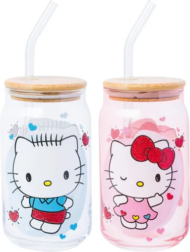 Miniatura 31 de Silver Buffalo Sanrio - Vaso de vidrio rosa con tapa de bambú y sorbete de vidrio de Hello Kitty, 16 onzas Hello Kitty Agitando