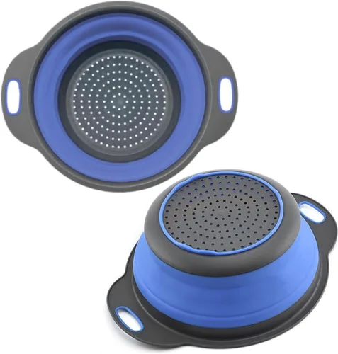 Colador redondo de silicona azul plegable – Colador de cocina plegable pequeño colador plegable azul con asas de plástico para drenar verduras y