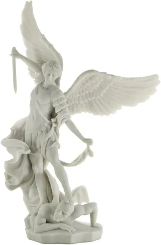 Top Collection Estatua de Arcángel San Miguel – Escultura de ángel católico griego de San Miguel en acabado de mármol blanco de primera calidad,