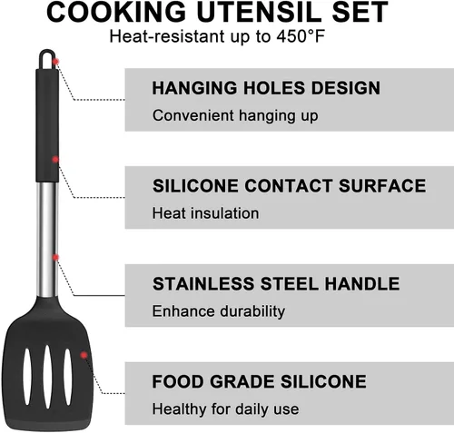 Miniatura 5 de E-far Juego de utensilios de cocina de silicona, 7 piezas de utensilios de cocina resistentes al calor con mango de acero inoxidable, espátula