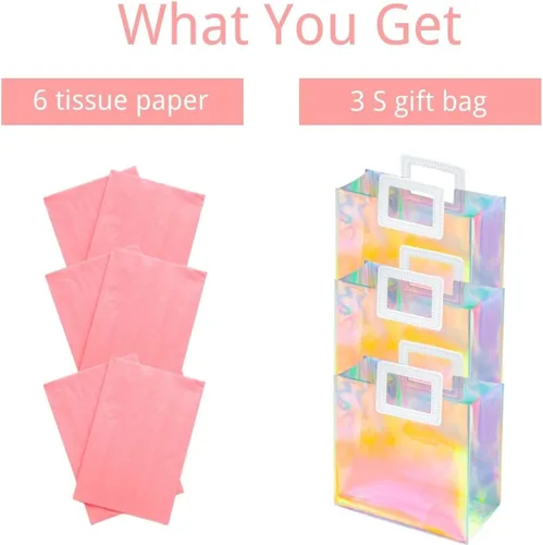 Miniatura 5 de Bolsa de regalo holográfica con papel de seda, reutilizable, bolsa de regalo de cumpleaños para mujeres y niñas, iridiscente, despedida de soltera