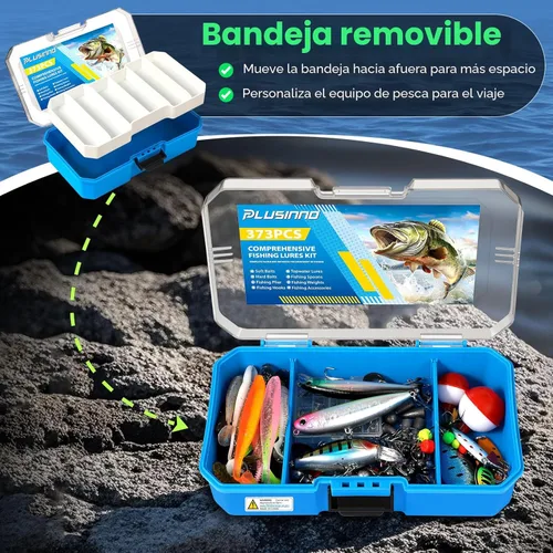 Miniatura 3 de PLUSINNO Caja de aparejos de pesca con aparejos incluidos, kit de señuelos de pesca de 373 piezas con bandeja extraíble, equipo de pesca