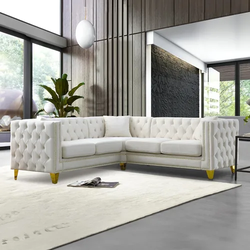 Miniatura 8 de Sofá de terciopelo de 3 plazas, cómodos sofás para sala de estar, sofá moderno con respaldo copetudo y decoración de remaches, sofá largo tapizado