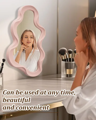 Miniatura 2 de Espejo de pared decorativo pequeño y funky – Diseño ondulado asimétrico rosa, espejo colgante para dormitorio, baño, entrada, forma moderna