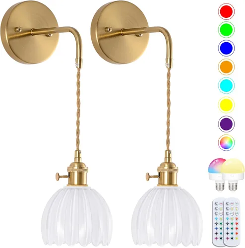 Miniatura 20 de Aplique de Pared Operado por Batería, Apliques de Pared para Interiores no Cableados Apliques de Pared con Pantalla de Vidrio Verde Profundo con RGB