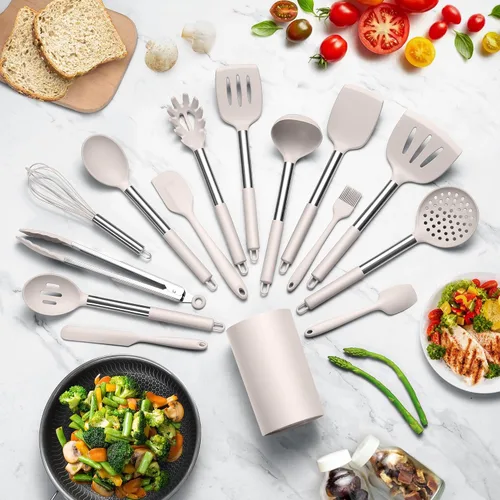 Miniatura 6 de LIANYU Juego de 15 utensilios de cocina con soporte, herramientas de cocina de silicona con mango de acero inoxidable, utensilios resistentes al