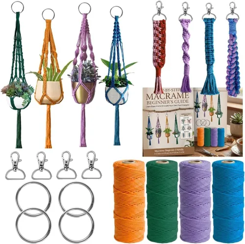 Miniatura 10 de suo long Kits de macramé para adultos principiantes para hacer 8 llaveros de macramé con hilo de 0.118 pulgadas premedido, llavero de metal, libro