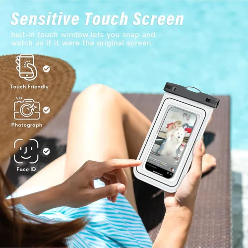 Miniatura 8 de Bolsa impermeable para teléfono – Paquete de 2 fundas flotantes impermeables IP68, bolsa seca para crucero en la playa 2026 con cordón ajustable
