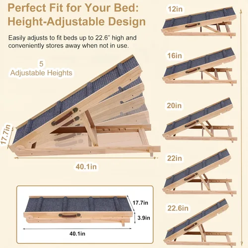 Miniatura 4 de Rampa plegable de madera para perros y escaleras para mascotas, escalones antideslizantes de 5 niveles para perros y gatos, rampa de madera para que