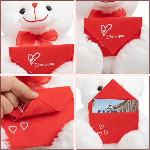 Miniatura 5 de HollyHOME Oso de Peluche Oso de Rosa Oso de Peluche Suave con Sobre Rojo de Felpa Suave Juguetes de Vacaciones Regalo 30 cm Blanco
