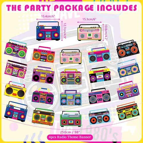 Miniatura 3 de Cinta de cassette para decoración de fiestas, 4 pancartas de cinta de casete, 4 pancartas recortadas de caja de boom, decoración de fiesta de cinta