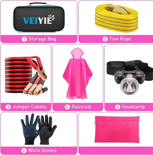 Miniatura 6 de Kit de emergencia en carretera para automóvil con cables de puente, kit de primeros auxilios para automóvil, kit de emergencia para vehículos, kit