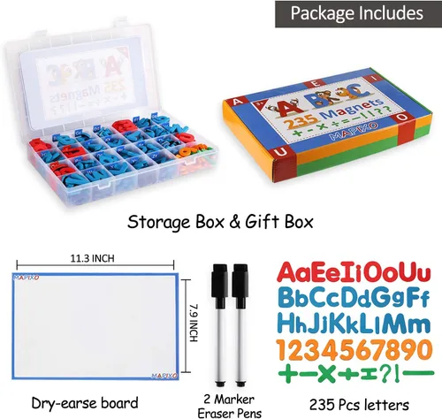 Miniatura 3 de 235 letras magnéticas con tablero magnético, 2 bolígrafos magnéticos borrables y caja de almacenamiento, regalo de alfabeto ABC de espuma