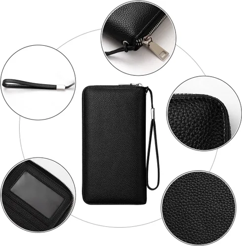 Miniatura 4 de Mitsoly Cartera larga de piel con bloqueo RFID para mujer, con cremallera alrededor de moneda, cartera de gran capacidad, 18 ranuras para tarjetas