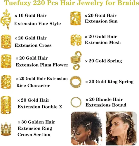 Miniatura 3 de 220 piezas de joyería dorada para el cabello, accesorio de Tuefuzy para el cabello, accesorio para rastas, trenzas de metal dorado, anillos y clips