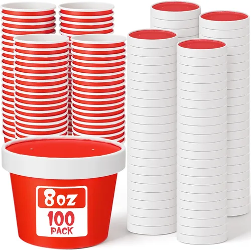 Miniatura 17 de Fulmoon Paquete de 100 recipientes de papel para sopa con tapas, recipientes de papel desechables para alimentos con tapa ventilada, tazas de postre