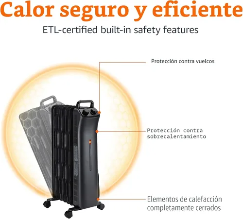 Miniatura 4 de Amazon Basics Radiador portátil con 7 aletas onduladas, control manual, negro, 1500 W, 13.1 x 26.3 x 9.8 pulgadas