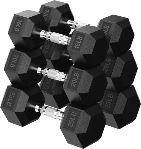 Miniatura 11 de HANDBODE Juego de mancuernas hexagonales de 45 a 640 libras, mancuernas de ejercicio y fitness con revestimiento de goma para gimnasio en casa