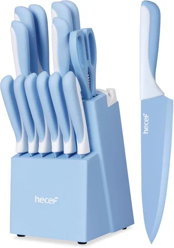 Miniatura 13 de hecef Juego de cuchillos de cocina de 15 piezas con bloque de madera con afilador integrado, apto para lavavajillas, juego de bloques de cuchillos