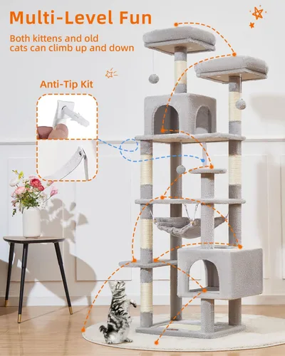 Miniatura 3 de Taoqimiao Árbol para gatos, torre para gatos de 68 pulgadas para gatos de interior, condominio para gatos de varios niveles de felpa con 6 postes