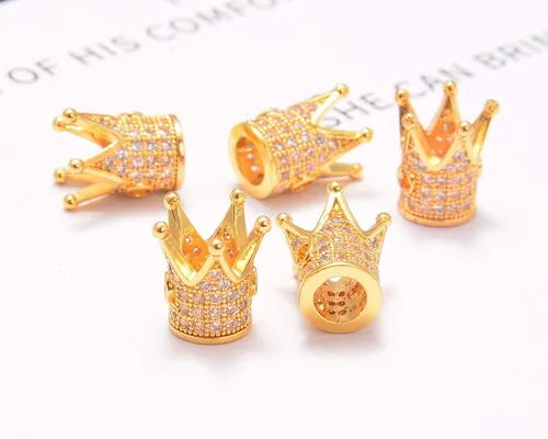 Miniatura 3 de AD Beads Corona de diamantes de imitación de circonita con agujero grande, cuentas espaciadoras (10 unidades, corona transparente sobre oro