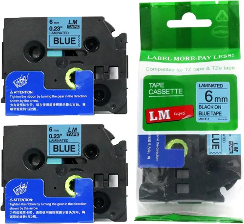 Miniatura 13 de Paquete de 1 unidad LM Tapes LMe511 Premium de 1/4 de pulgada con impresión negra en etiqueta azul compatible con Brother TZe-511 P-Touch, incluye