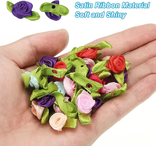 Miniatura 4 de PATIKIL Mini rosas de cinta, 200 unidades, pequeñas flores de tela de satén con adornos de hojas verdes, rosetas para manualidades, costura, boda