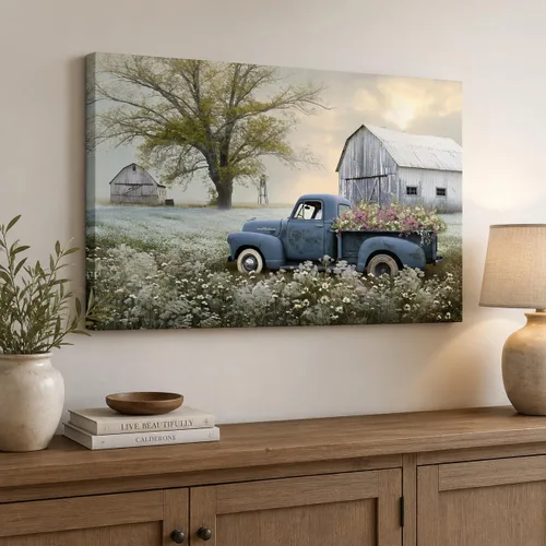 Miniatura 28 de Lienzo de pared de camión antiguo de granja, arte de pared de granero rústico, impresiones de lienzo de camioneta vintage de campo, impresiones