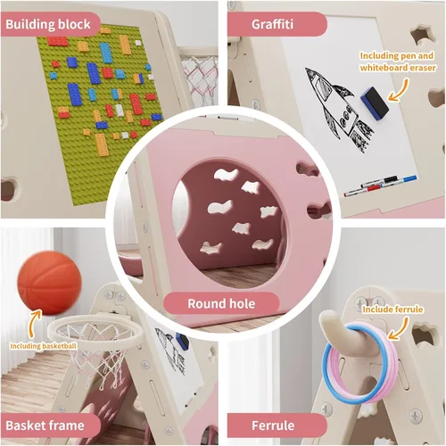 Miniatura 6 de UNICOO Juego de pirámide de escalada multifuncional 7 en 1 con tobogán, juego de escalada y deslizamiento para niños para el hogar, guardería Rosa