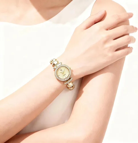 Miniatura 4 de 1080P Reloj dorado para mujer, esfera redonda pequeña, reloj de pulsera de cadena de diamantes de imitación ajustable, impermeable, reloj de pulsera