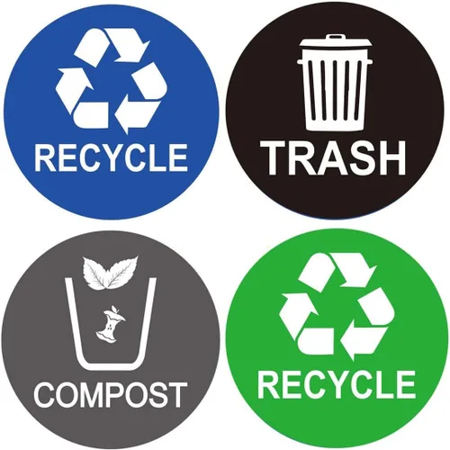 Paquete de 8 etiquetas adhesivas de reciclaje, paquete de 8 unidades, 4 x 4 pulgadas, impermeable, organiza y coordina los residuos de basura de