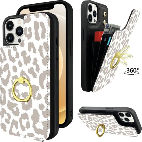 Miniatura 8 de Funda tipo cartera para iPhone 12 y 12 Pro con soporte para tarjetas, rotación de 360°, soporte de anillo de dedo con función atril, protección