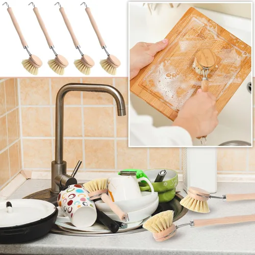 Miniatura 4 de Maxdot 4 cepillos de cocina con mango de madera de haya, mango de madera natural, cepillo de cerdas de fibra, cepillo de repuesto de 2 pulgadas