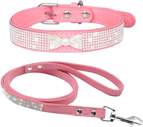 Miniatura 6 de Conjunto de Collar y Correa para Mascotas, Bonito y Deslumbrante de Ante Suave con Diamantes de Imitación de Cristal, Collar y Correa para Gatos