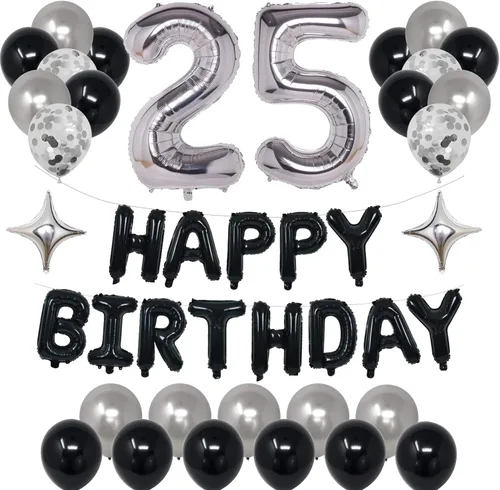 Miniatura 10 de Decoraciones de fiesta de cumpleaños color negro y plateado para niños y niñas, suministros de fiesta de cumpleaños número 14 con pancarta negra