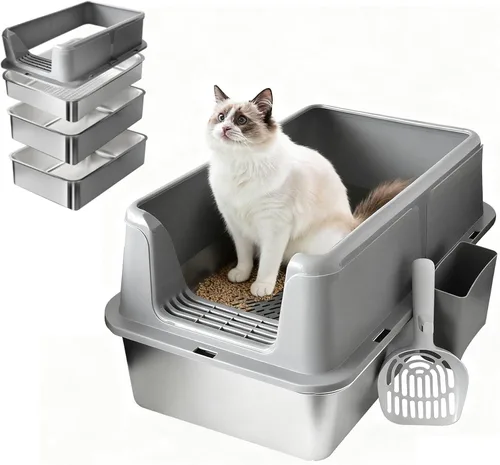 Miniatura 9 de Caja de arena de acero inoxidable, 24 x 16 x 12 pulgadas, caja de arena de metal extra grande para pellets de pino, caja de arena de metal de lados