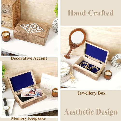 Miniatura 3 de Ajuny Joyero de madera con tallas florales y de diamantes, hecho a mano, decorativo, marrón y blanco, caja de almacenamiento multiusos, organizador